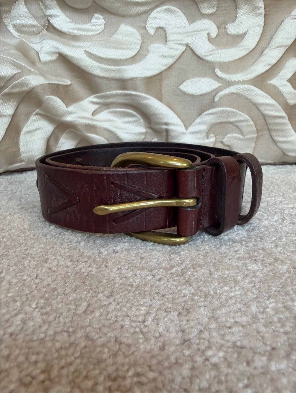 VINTAGE Express Burgundy Italian Leather Western Stitch Belt Brass Buckle Size M